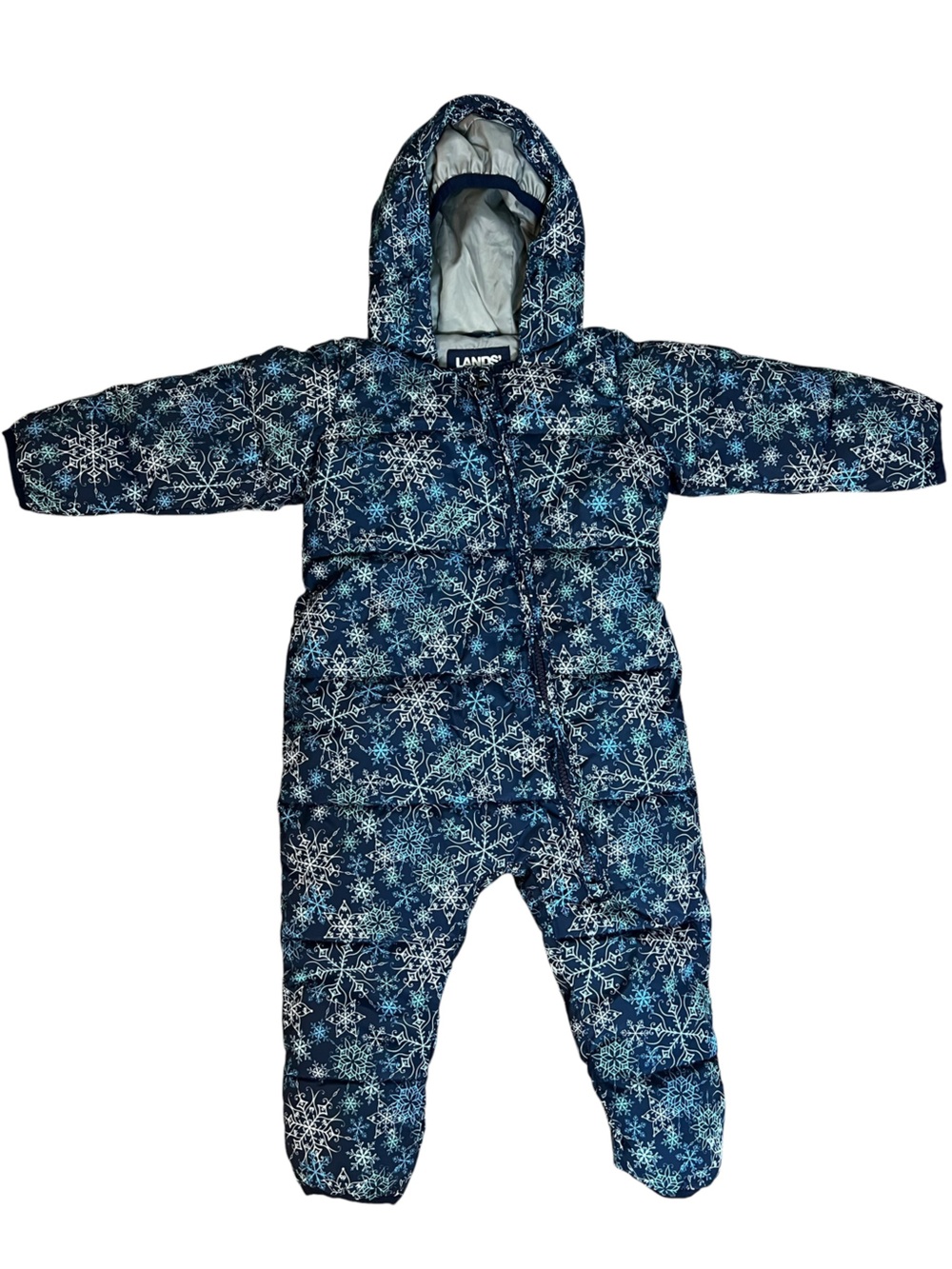 Lands’ End Baby Snowsuit 12-18M Navy Snowflake Hooded Puffer Winter Bunting